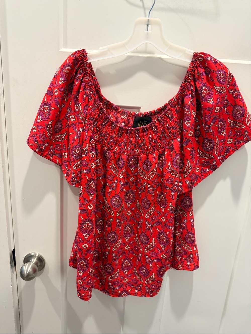 W5 Smocked Off Shoulder Floral Peasant Blouse Small Boho Puff Sleeve Top